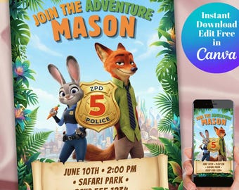 Zootopia Birthday Invitation Template, Judy Hopps & Nick Wilde, Editable Canva (Digital invite)