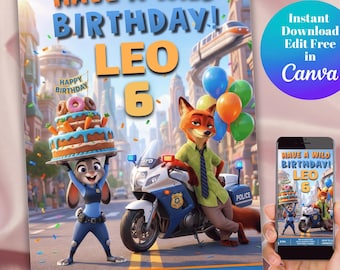 Editable Zootopia Birthday Invitation, Judy Hopps & Nick Wilde Theme (Digital Canva)