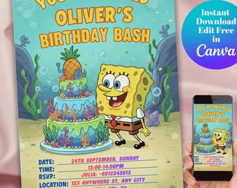 Sponge Birthday Invitation Template – Editable and Printable Birthday Party Canva Invite