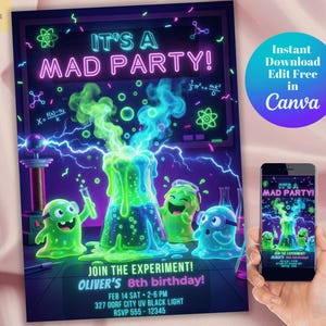 May include: A vibrant party invitation with a mad scientist theme. The design features neon green and blue elements, including bubbling beakers and cartoon characters. The text reads "It's a Mad Party!" and includes event details.