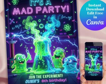 May include: A colourful party invitation with a mad scientist theme. The design features neon green and blue elements, including bubbling beakers and cartoon characters. The text reads "It's a Mad Party!" and includes event details.