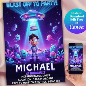 Puede incluir: Una vibrante invitación de fiesta de cumpleaños con temática espacial. El diseño presenta un astronauta de dibujos animados, una nave espacial alienígena y el texto "BLAST OFF TO PARTY!". La invitación incluye el nombre "MICHAEL", la edad, la fecha, el lugar y la información RSVP. Un teléfono muestra el mismo diseño.