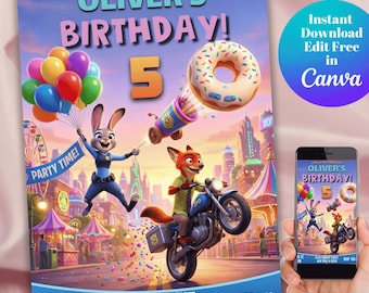 Zootopia 2 Birthday Invitation Template, Zootropolis Party Invite, Judy Hopps & Nick Wilde Card | Editable Canva Digital Download