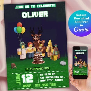 May include: A birthday invitation with a Minecraft theme. The invitation features the name "Oliver" in pixelated letters, along with cartoon characters, a cake, and balloons. The invitation also includes the date, time, and location of the party.