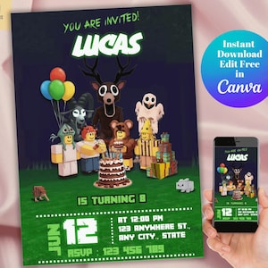 May include: A birthday party invitation featuring a cartoon deer character and other figures. The invitation includes the name "LUCAS" in large letters, balloons, and a birthday cake. The text "IS TURNING 8" is also visible, along with party details.