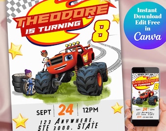 Blaze Monster Truck Birthday Invitation, Canva Template (Digital Download)