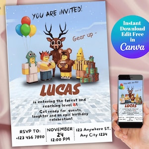 99 nätter i skogen födelsedagsinbjudan, redigerbar gamer-temainbjudan, digital nedladdning, äventyrsfest för pojkar, utskrivbar Canvas-mall