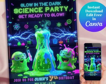 May include: A colourful invitation for a glow-in-the-dark science party. The design features neon green and blue elements, including a bubbling beaker and cartoon characters. The text reads "Glow in the Dark Science Party" and includes party details.