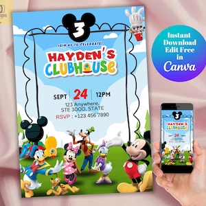 Mickey Mouse Birthday Invitation, Mickey Clubhouse Birthday Card, Editable Mickey Friends Party Invite Canva Template, Printable Disney Card