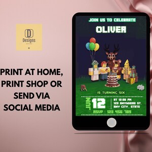 May include: A digital invitation on a black tablet screen. The invitation features a pixelated design with the name "OLIVER" and the text "15 TURNING SIX". It includes a birthday cake, balloons, and the date "JUN 12". The invitation also says "PRINT AT HOME, PRINT SHOP OR SEND VIA SOCIAL MEDIA".