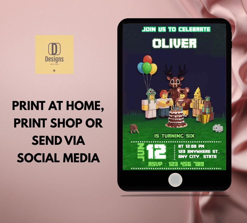 May include: A digital invitation on a black tablet screen. The invitation features a pixelated design with the name "OLIVER" and the text "15 TURNING SIX". It includes a birthday cake, balloons, and the date "JUN 12". The invitation also says "PRINT AT HOME, PRINT SHOP OR SEND VIA SOCIAL MEDIA".