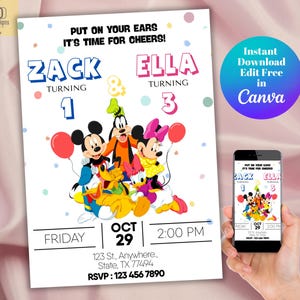 Cartão de convite de aniversário para irmãos do Mickey Mouse Clubhouse, modelo de convite de aniversário para irmãos, cartão de festa para irmãos editável e imprimível em tela