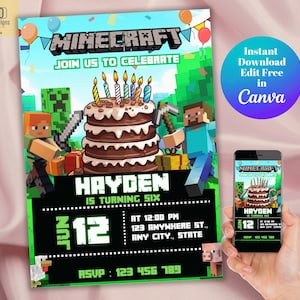 Modèle modifiable d'invitation d'anniversaire Minecraft, carte d'invitation d'anniversaire Minecrafter, carte d'invitation numérique imprimable pour enfants, Gamer Kid