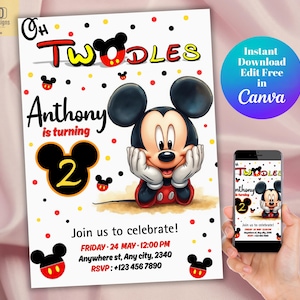 Invito Oh Twodles, invito di compleanno di Topolino, biglietto d'invito modificabile per il secondo compleanno di Topolino, modello stampabile di Topolino su Canva
