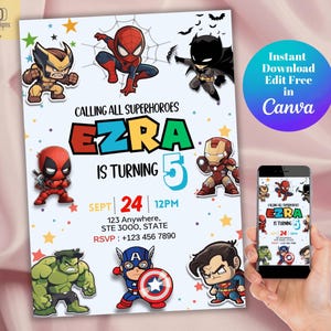 Modelo de convite de aniversário de super-heróis editável, convite para festa de aniversário para imprimir, convite para festa infantil, cartão de aniversário fofo de super-herói Canva
