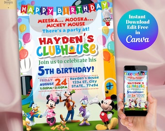 Mickey Mouse Clubhouse Birthday Invitation, Mickey and Friends Party Invite, Editable Disney Party Invite card Template, Mickey club house