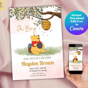Winnie the pooh invitation, Editable Winnie The Pooh Baby Shower Invitation, Editable Cartoon Invite, Pooh Printable Invitations Template