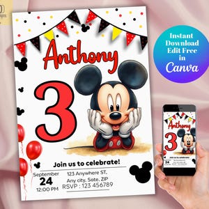 Invitación de cumpleaños de Mickey Mouse, invitación de cumpleaños de Mickey, tarjeta de invitación editable de Mickey para cumpleaños de niño, plantilla imprimible de Mickey en Canva
