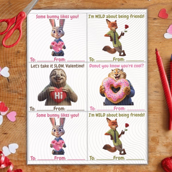 Zootopia Valentine Cards Printable, Funny Kids Valentines Day Cards for School, Judy Hopps Nick Wilde Classroom Exchange, Instant Download