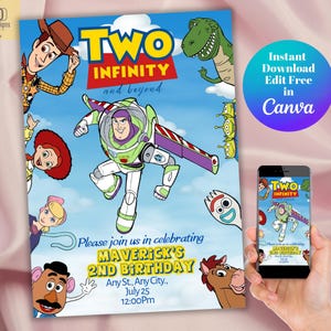 Bearbeitbare Toy Story-Geburtstagseinladung, druckbare Toy Story-Partyeinladung, zwei Unendlichkeit und darüber hinaus Canva-Vorlage, Kinder 2.Geburtstagskarte