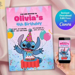 Stitch Editable Birthday Invitation Template, Editable Cartoon Birthday Invite, Printable Party Invitations, Digital Kids Bday Party Card