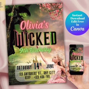 Printable Wicked Birthday party invitation Card, Editable Wicked Birthday Party Invitation, Elphaba & Glinda Theme Birthday Canva Template