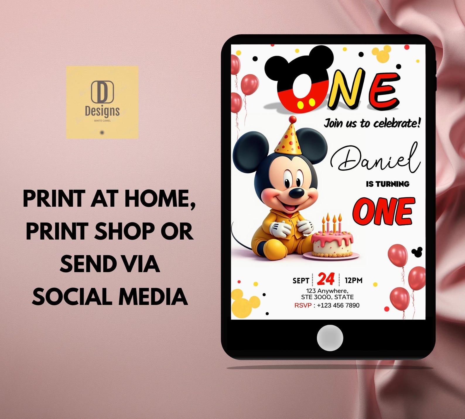 Editable Mickey 1st Birthday Invitation, Canva Template (digital ...