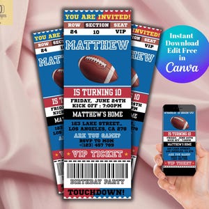 Fußballticket-Geburtstagseinladungsvorlage, Sportticketstil-Party einladen, bearbeitbar American Football-Einladungskarte, bedruckbar