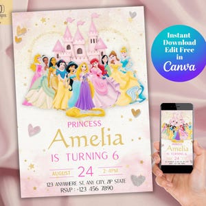 Convites para aniversariantes, Cartão de convite mágico de aniversário de princesa em aquarela, Modelo de convite de aniversário de princesa editável no Canva, Aniversário de princesa