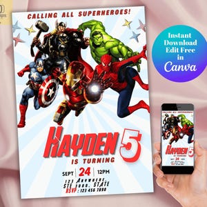Convite de aniversário de super-heróis dos Vingadores, modelo de super-heróis editável do Canva, cartão de convite de super-heróis para impressão para festa de aniversário de meninos