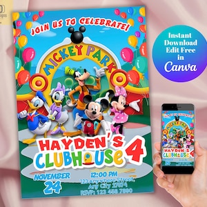 Invitation d'anniversaire Mickey Mouse Clubhouse, Mickey et ses amis, invitation de fête, modèle de carte modifiable Disney Party invite, Disney imprimable