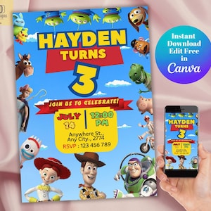 Invito stampabile per la festa di compleanno di Toy Story, invito modificabile per la festa di compleanno di Toy Story, modello Canva per feste per bambini, compleanno di Toy Story