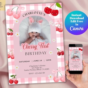 Convites para festa de 1º aniversário com foto editável, modelo de convite para o primeiro aniversário de cereja, convites para aniversário de cereja para impressão, cartão Canva