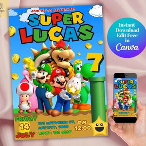 Invitation d'anniversaire modifiable Super Mario, modèle d'invitation de fête d'anniversaire imprimable, Mario Bros Invite, Mario & Yoshi Digital Invitation