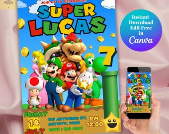 Super Mario Editable Birthday Invitation, Printable Birthday Party invitation template, Mario Bros Invite, Mario & Yoshi Digital Invitation