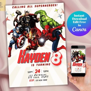 Convite de super-herói para imprimir para festa de aniversário de meninos, convite de aniversário de super-herói dos Vingadores, modelo de super-heróis editável do Canva,