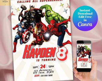 Zaproszenie urodzinowe Avengers, impreza superbohaterów, edytowalny szablon Canva (pobranie cyfrowe)