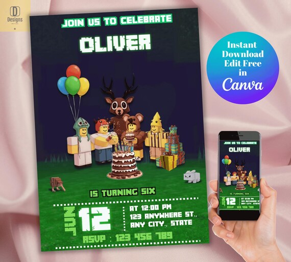 Roblox Birthday Invitation – Forest Game Theme, Editable Canva Template (Digital Download)