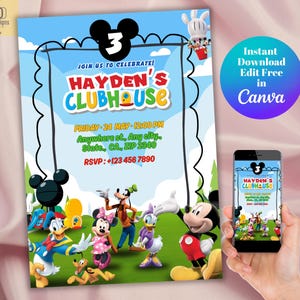 Mickey Mouse Birthday Invitation, Mickey Clubhouse Birthday Card, Editable Mickey Friends Party Invite Canva Template, Printable Disney Card