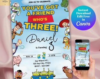 Editable Toy Story Birthday Invitation, Printable Toy Story Party Invite Card, Kids 3rd Birthday Canva Template, Turning 3 birthday Card