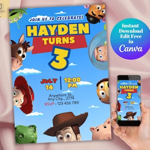 Bearbeitbare Toy Story-Geburtstagseinladung, druckbare Toy Story-Geburtstagsparty-Einladungskarte, Kinderparty-Canva-Vorlage, Toy Story-Geburtstagsjunge