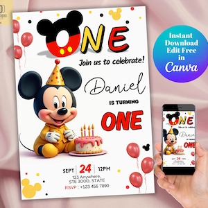 Convite editável para o primeiro aniversário do Mickey, modelo para imprimir do primeiro aniversário do Mickey no Canva, cartão de convite fofo para o primeiro aniversário, download digital