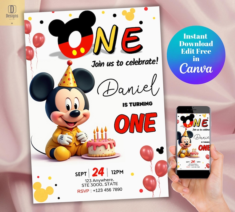 Editable Mickey 1st Birthday Invitation, Canva Template (digital ...
