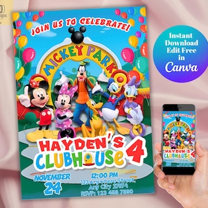 Convite de aniversário do Mickey Mouse, cartão de aniversário da Casa do Mickey, modelo de convite editável para festa de amigos do Mickey no Canva, cartão da Disney para imprimir