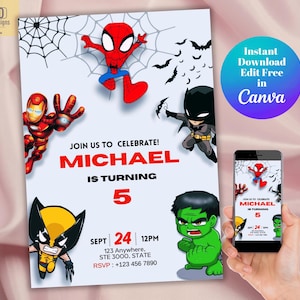 Convite de aniversário de super-herói editável no Canva, convite digital de super-herói dos Vingadores, cartão de aniversário digital para impressão do Aranha, Homem de Ferro