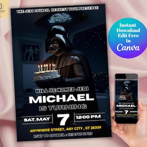 Convite de aniversário editável de Star Wars, modelo de convite de aniversário de Darth Vader, convite para festa infantil para imprimir, cartão de aniversário de Darth Vader