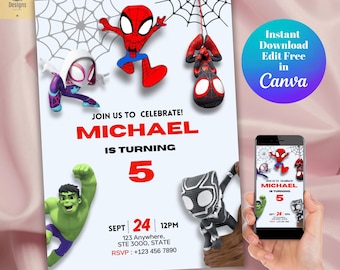 Invitación de cumpleaños de Spidey y sus amigos para fiesta de superhéroes (plantilla de Canva)