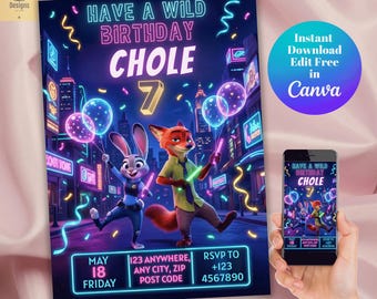 Neon Zootopia Birthday Invitation, Judy Hopps & Nick Wilde (Editable Canva Download)