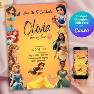 Modelo de convite de aniversário de princesa editável, cartão de convite de aniversário mágico de princesa, convites de aniversário de meninas para imprimir no Canva, convites para aniversariantes