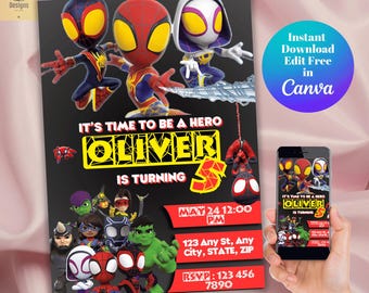 Spidey and Friends Birthday Invitation, Superhero Canva Template (Digital)